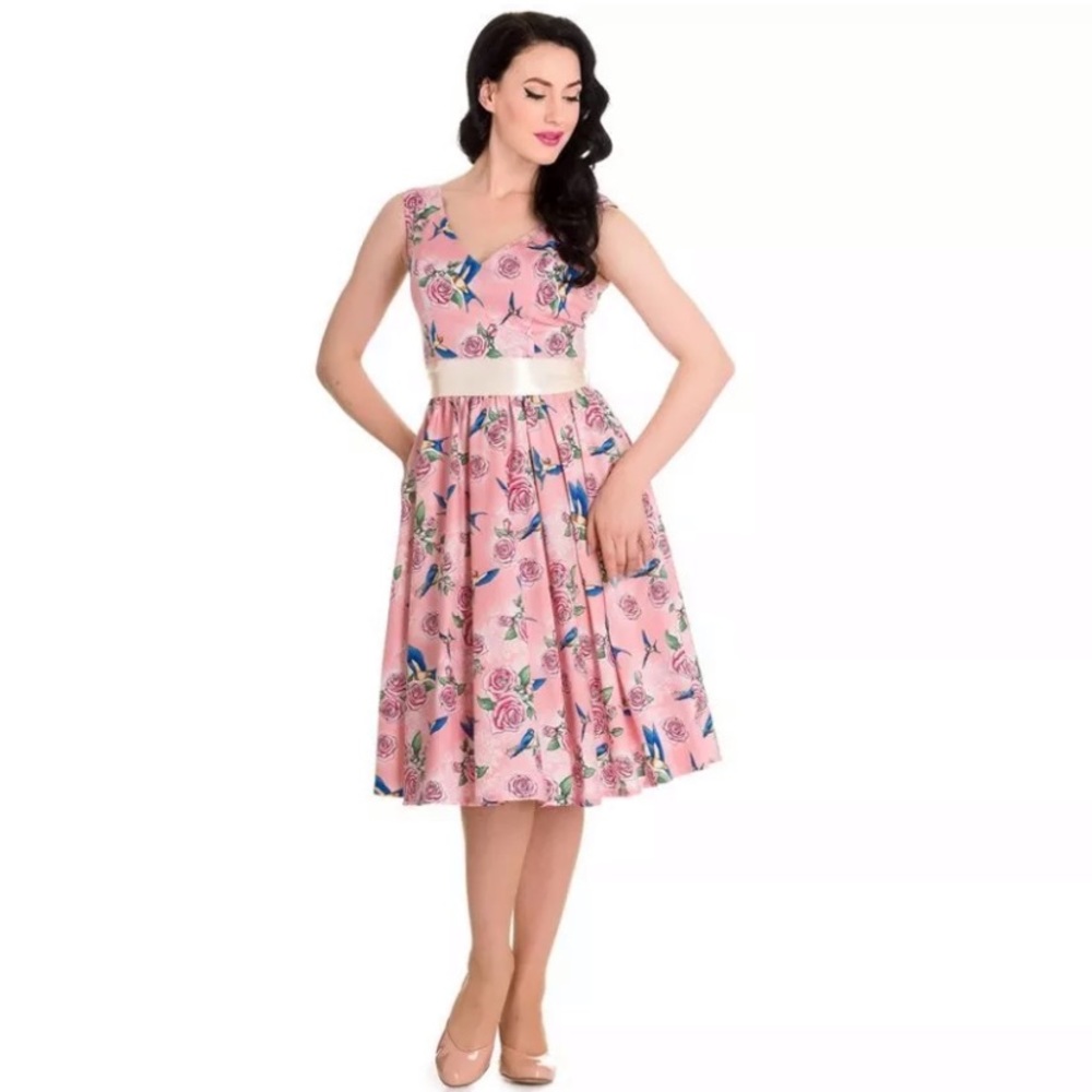 Hell Bunny Lacey 50s Dress Pink Floral Birds Retro
